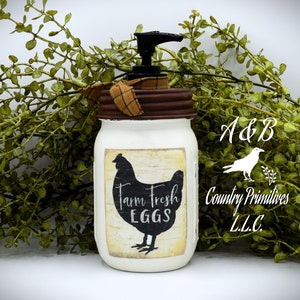 Ball Mason Jar Hand Soap Dispenser with Vintage Farmhouse Style "Farm Fresh Eggs" Label, Customizable Colors, Chicken Themed Bathroom Decor