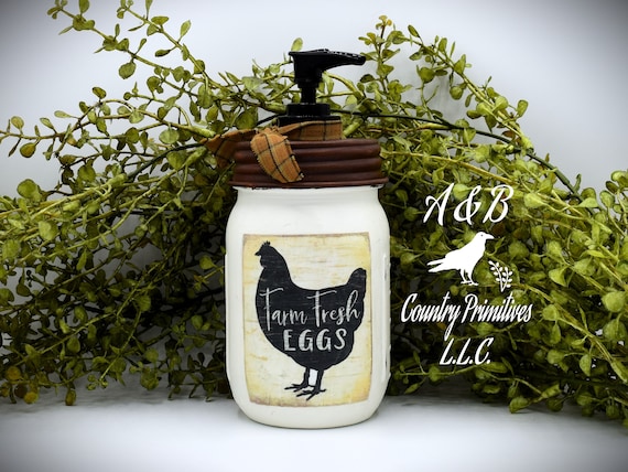Ball Mason Jar Hand Soap Dispenser with Vintage Farmhouse Style "Farm Fresh Eggs" Label, Customizable Colors, Chicken Themed Bathroom Decor