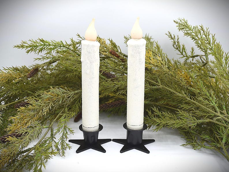 Set of TWO (2) Winter, White "Snowy" Glitter 7 inch LED Wax Dipped Taper Candles with Timer, Battery Operated Flameless Candles image 2