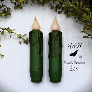 Set of (2) Two Grungy Fern Green 4 inch LED Wax Dipped Taper Candles with Timer, Battery Operated Candles, Country Primitive Home Decor