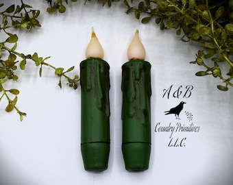 Set of (2) Two Grungy Fern Green 4 inch LED Wax Dipped Taper Candles with Timer, Battery Operated Candles, Country Primitive Home Decor