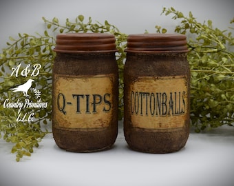 Primitive Bathroom Set, Q-Tips Jar and Cottonballs Jar, Grungy Style Primitive Bathroom Decor, Country Farmhouse Bathroom