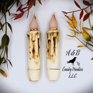 Set of (2) Two Grungy Off-White Cream (4 inch) LED Wax Dipped Battery Operated Flameless Timer Taper Candles, Country Primitive Home Decor