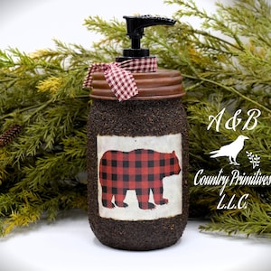 Buffalo Plaid Bear themed Soap Dispenser, Grubby Mason Jar with Soap Pump, Rustic Cabin Decor, Rustic &quot;Bear&quot; themed Bathroom