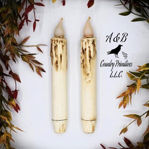Set of (2) Two Grungy Off-White 7 inch LED Wax Dipped Taper Candles with Timer, Battery Operated Candles, Country Primitive Home Decor