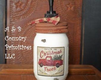 Vintage Red Truck Christmas Trees Mason Jar Hand Soap Dispenser, Distressed White Mason Jar Soap Dispenser, Country Farmhouse Bathroom