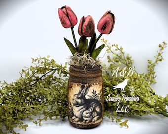 Primitive Mama and Baby Bunny Rabbit Mason Jar Tulip Floral Arrangement, Country Farmhouse, Cottagecore, Spring, Easter, Mother's Day Gift