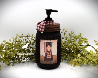 Grubby Hand Soap Dispenser, Primitive Girl 1776 Americana, Mason Jar Soap Pump & Folk Art Print, Farmhouse Country Bathroom Decor, Patriotic