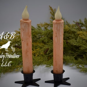 Set of (2) Two Grungy Cream 7 inch LED Wax Dipped Taper Candles with Timer, Battery Operated Candles, Rustic Country Primitive Home Decor