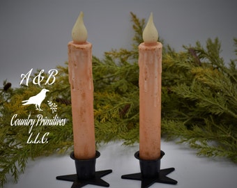 Set of (2) Two Grungy Cream 7 inch LED Wax Dipped Taper Candles with Timer, Battery Operated Candles, Rustic Country Primitive Home Decor