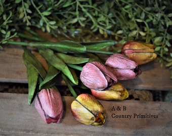 Set of 6 Primitive Grungy Real Feel Tulips: 13" Country Cottage Decor
