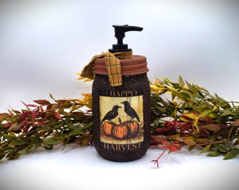 Distributeur de savon Primitive Crows & Pumpkins Grubby Mason Jar : décoration de salle de bain campagnarde