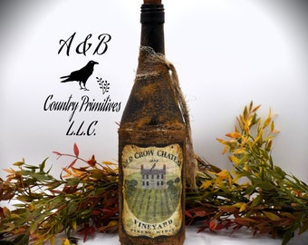 Old Crow Chateau Vineyards Primitive Wine Bottle, 1892, Country Primitive Decor, Farmhouse Decor, Bar Decor