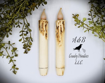 Set of (2) Two Grungy Off-White 7 inch LED Wax Dipped Taper Candles with Timer, Battery Operated Candles, Country Primitive Home Decor