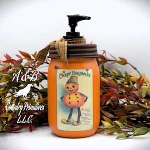 Vintage Halloween, &quot;Merry Halloween&quot; Pumpkin Boy Soap Dispenser, Custom Mason Jar with Soap Pump, Fall Country Primitive Bathroom Decor
