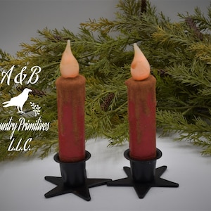 Set of (2) Two Red Grungy (4 inch) LED Wax Dipped Battery Operated Flameless Timer Taper Candles, Country Primitive Home Decor