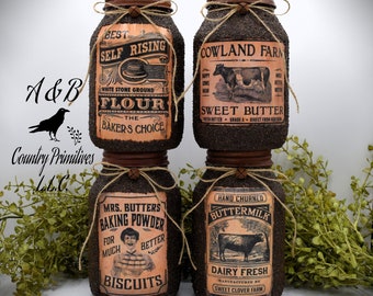 Full Pantry Set of (4) Jars, Primitive Farmhouse Grubby Pantry Jar Set, Country Home and Kitchen Decor, Country Primitive Farmhouse Decor