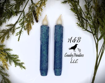 Set of TWO (2) &quot;Glitter&quot; Blue 7 inch LED Wax Dipped Taper Candles with Timer, Battery Operated Flameless Candles