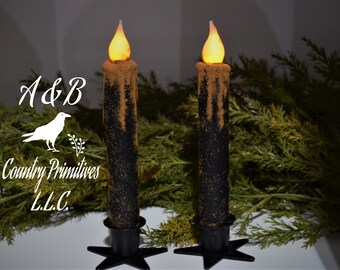 Set of (2) Two Black Grungy 7 inch LED Wax Dipped Taper Candles with Timer, Battery Operated Flameless Candles, Country Primitive Home Decor