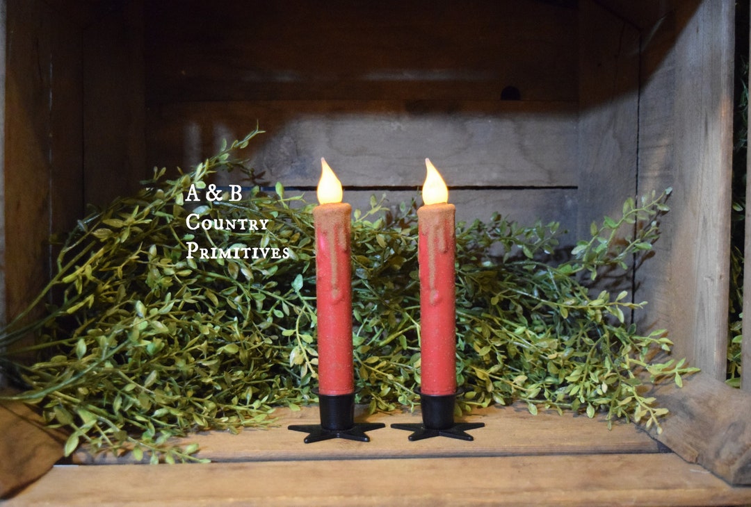 Set of TWO Red Grungy 7 Inch LED Wax Dipped Taper Candles With Timer