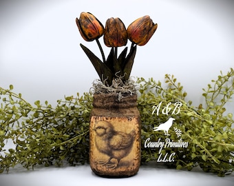 Primitive Chick Grubby Mason Jar Tulip Arrangement: Country Cottage Farmhouse Decor