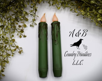 7 inch Grungy Fern Green LED Flameless Taper Candles with Timer (Set of 2)