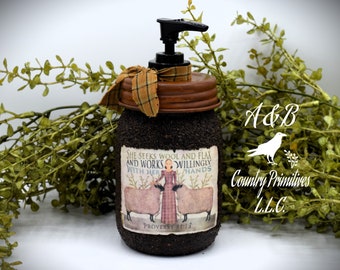 Grubby Hand Soap Dispenser "She Seeks Wool and Flax" Folk Art, Country Primitive Bathroom, Farmhouse Bathroom, Colonial Home Decor, Sheep