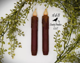 Set of TWO Burgundy 7 inch LED Wax Dipped Taper Candles with Timer, Battery Operated Flameless Candles, Country Primitive Home Decor