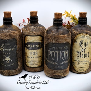 Apothecary Potion Bottles, Halloween Decor, Primitive Aged Apothecary Bottles, Stage Props, Primitive Decor, Cottagecore