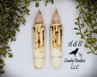 Set of (2) Two Grungy Off-White Cream (4 inch) LED Wax Dipped Battery Operated Flameless Timer Taper Candles, Country Primitive Home Decor