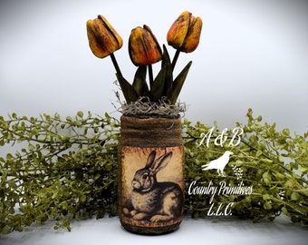 Primitive Bunny Rabbit Mason Jar Tulip Floral Arrangement, Country Primitive Farmhouse Home Decor, Spring and Easter, Cottagecore