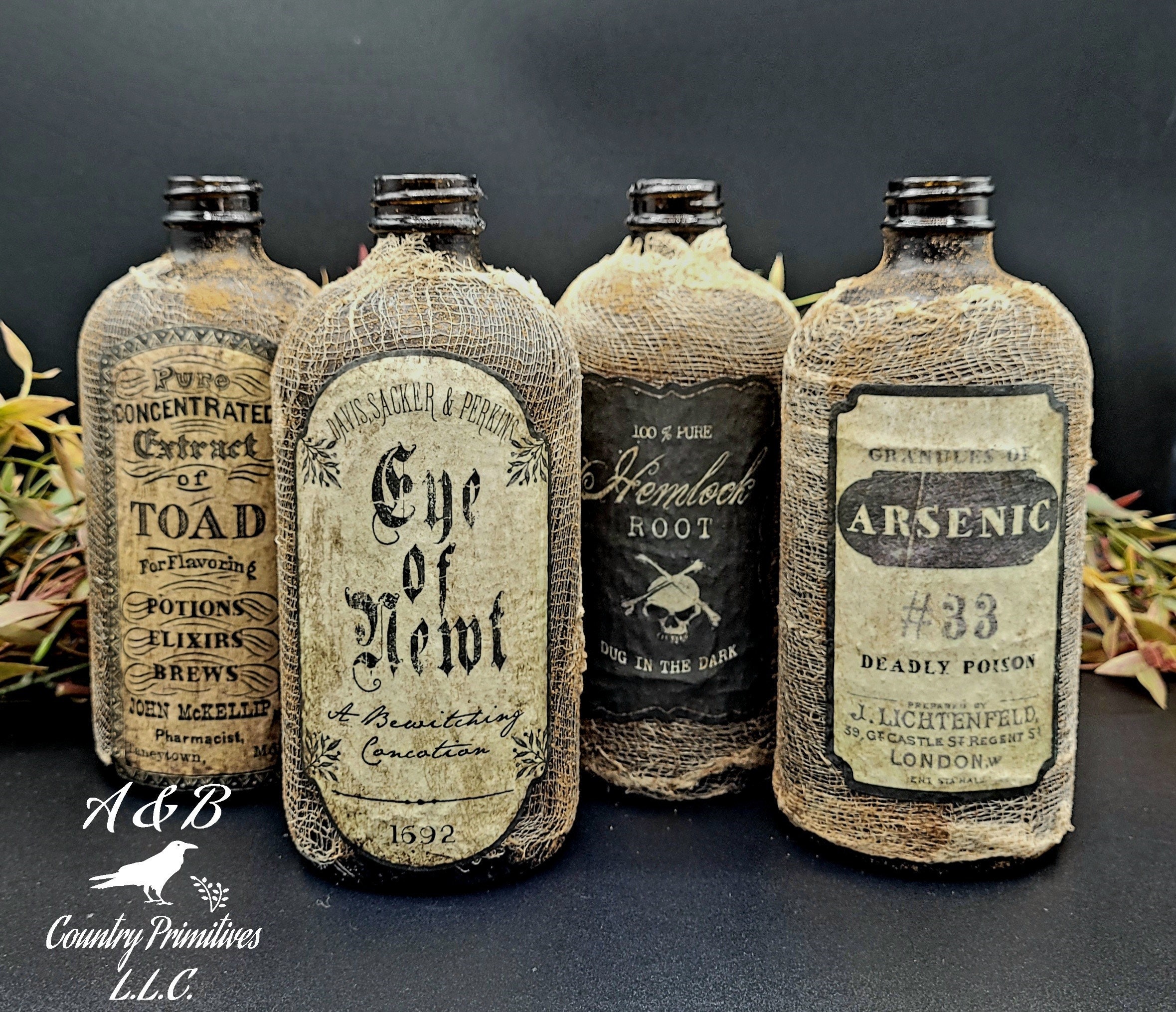 Set 4 Halloween Apothecary Amber Brown Glass Potion Poison Bottles w/Cork  Decor