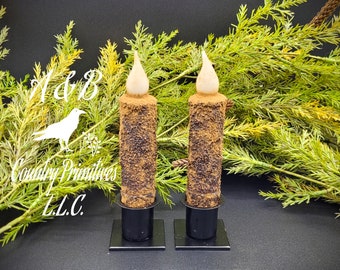 Set of (2) Two Primitive Grubby 4 inch LED Wax Dipped Taper Candles with Timer, Battery Operated Candle, Rustic Country Primitive Home Decor