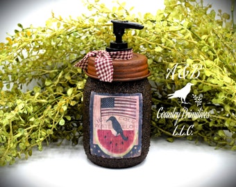 Old Crow and Watermelon Americana Grubby Mason Jar Soap Dispenser, Country Primitive Home Decor, Patriotic, Fourth of July, Summer Decor