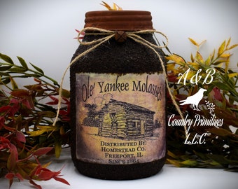 Grubby Coated Mason Jar "Ole Yankee Molasses" Pantry Label - Rustic Style, Farmhouse Kitchen Decor, Country Primitive Decor, Kitchen Storage