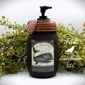 Grubby Hand Soap Dispenser &quot;Nantucket Whaler&#39;s Inn&quot;, Mason Jar Soap Pump & Folk Art Print, Whale Decor, Nautical Themed Decor