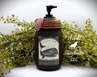 Grubby Hand Soap Dispenser "Nantucket Whaler's Inn", Mason Jar Soap Pump & Folk Art Print, Whale Decor, Nautical Themed Decor