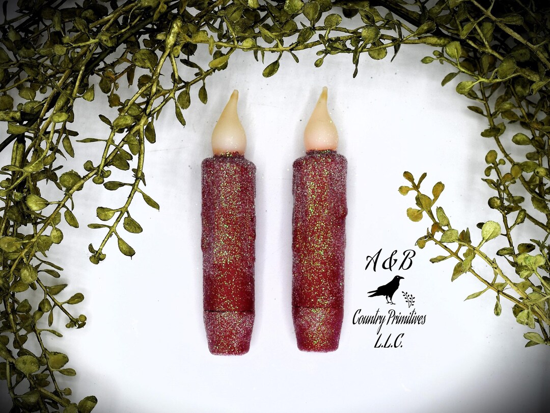Two 2 Red Set of TWO (2) Red Glittered 4 Inch LED Wax Dipped Taper Candles With ...