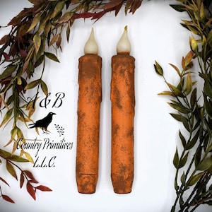 Set of (2) Two Harvest Orange Grungy/Grubby 7 inch LED Wax Dipped Battery Operated Flameless Timer Taper Candles, Primitive Home Decor