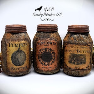 Primitive Fall Pantry Jars, Pumpkin Butter, Apple Butter, Sunflower Seeds, Country Home Decor, Country Primitive Decor, Farmhouse Decor