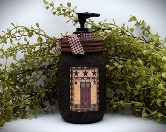 Grubby Hand Soap Dispenser Country Salt Box House, Mason Jar Soap Pump & Folk Art Print, Country Farmhouse Bathroom Soap Dispenser