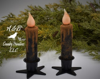 Set of (2) Two Black Grungy/Grubby 4 inch LED Wax Dipped Taper Candles with Timer, Battery Operated Flameless Candles, Primitive Home Decor