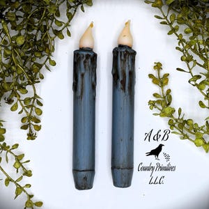 Set of (2) Two Grungy Dusty Blue 7 inch LED Wax Dipped Taper Candles with Timer, Battery Operated Candles, Country Primitive Home Decor