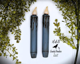 7 inch Grungy Dusty Blue Flameless Taper Candles with Timer (Set of 2)