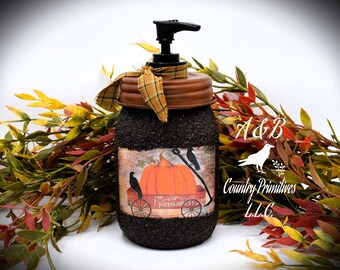 Primitive Crows Pumpkin Patch Mason Jar Handtvålsdispenser, Lantlig Höstdekoration