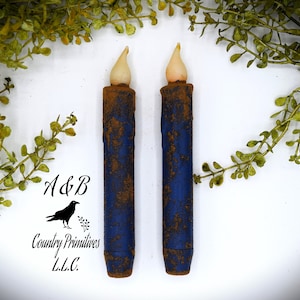 Set of TWO Grubby Blue 7 inch LED Wax Dipped Taper Candles with Timer, Battery Operated Flameless Candles, Country Primitive Home Decor