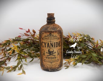 Bouteille empoisonnée au cyanure d'apothicaire primitive – Déco Cottagecore rustique d'Halloween