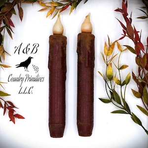 Set of TWO Burgundy 7 inch LED Wax Dipped Taper Candles with Timer, Battery Operated Flameless Candles, Country Primitive Home Decor