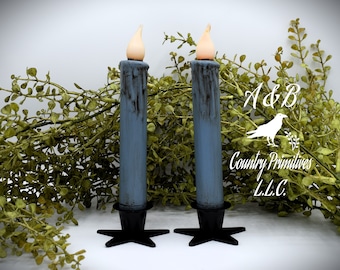 Set of (2) Two Grungy Dusty Blue 7 inch LED Wax Dipped Taper Candles with Timer, Battery Operated Candles, Country Primitive Home Decor