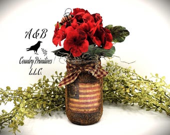 Betsy Ross Flag Mason Jar Floral Arrangement: Primitive Americana Summer Decor
